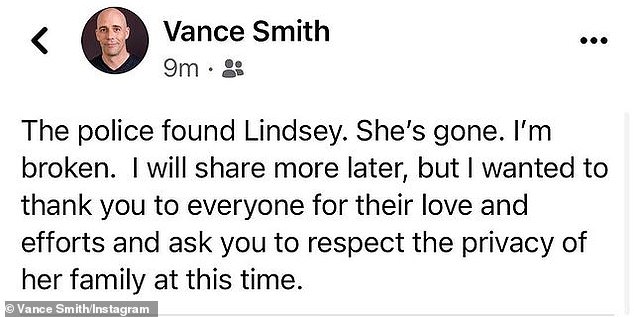 Mąż, Vance Smith, podzielił się wiadomością o jej śmierci w piątek wieczorem.  Policja znalazła Lindsay.  odeszła.  Smith napisał w mediach społecznościowych, jestem spłukany