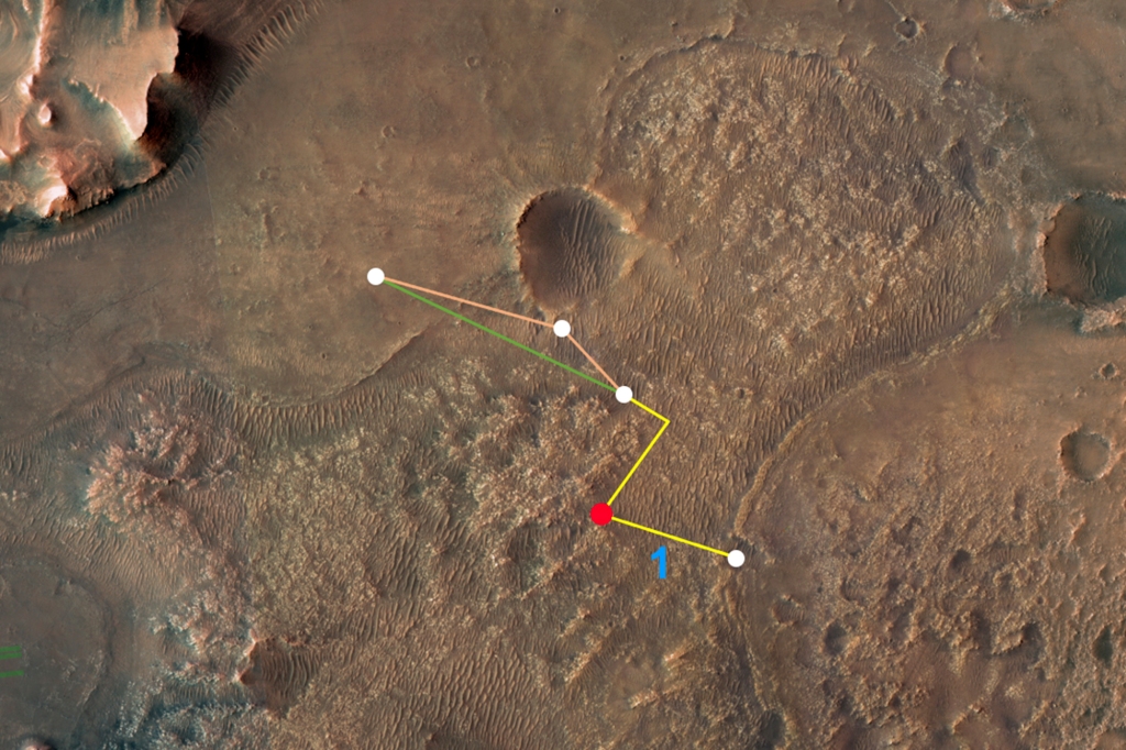 To opatrzone adnotacjami zdjęcie z góry z Mars Exploration Rover (MRO) NASA przedstawia wiele lotów – i dwie różne trasy – innowacyjny śmigłowiec marsjański agencji mógłby dotrzeć do delty krateru Jezero.
