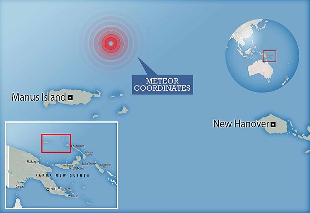 Według NASA, meteor rozświetlił niebo w pobliżu wyspy Manus w Papui Nowej Gwinei 8 stycznia 2014 r. podczas podróży z prędkością ponad 100 000 mil na godzinę.  Według naukowców deszcz mógł spłynąć do oceanu z międzygwiezdnymi szczątkami
