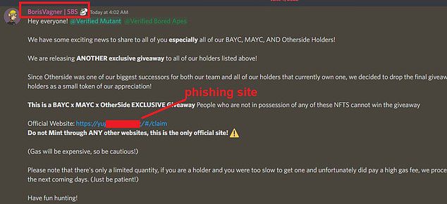 Na zdjęciu oszustwo phishingowe wysłane do członków Bored Ape Yacht Club i innych grup discordowych Metaverse