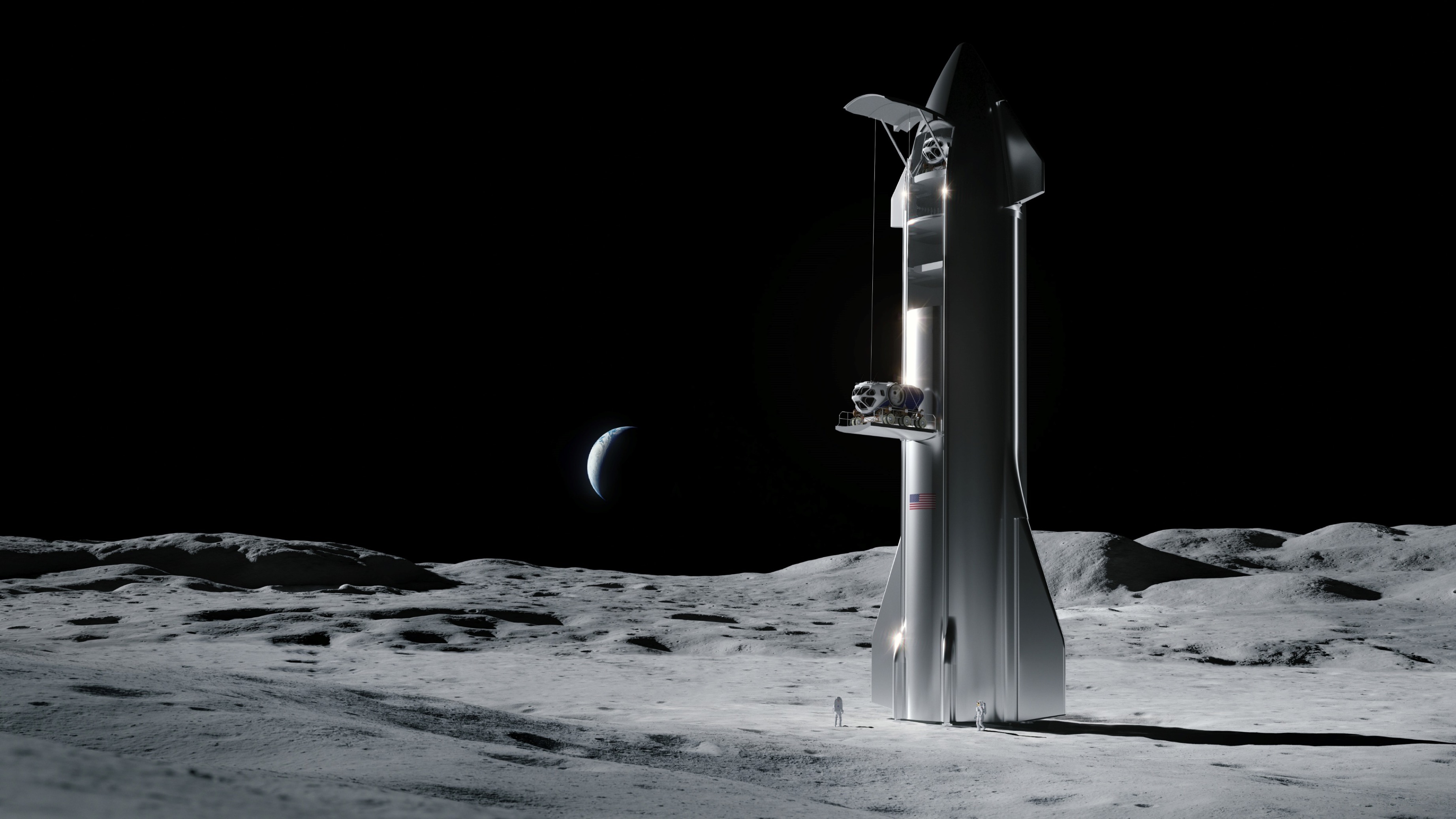 Artystyczna ilustracja statku kosmicznego SpaceX na Księżycu.