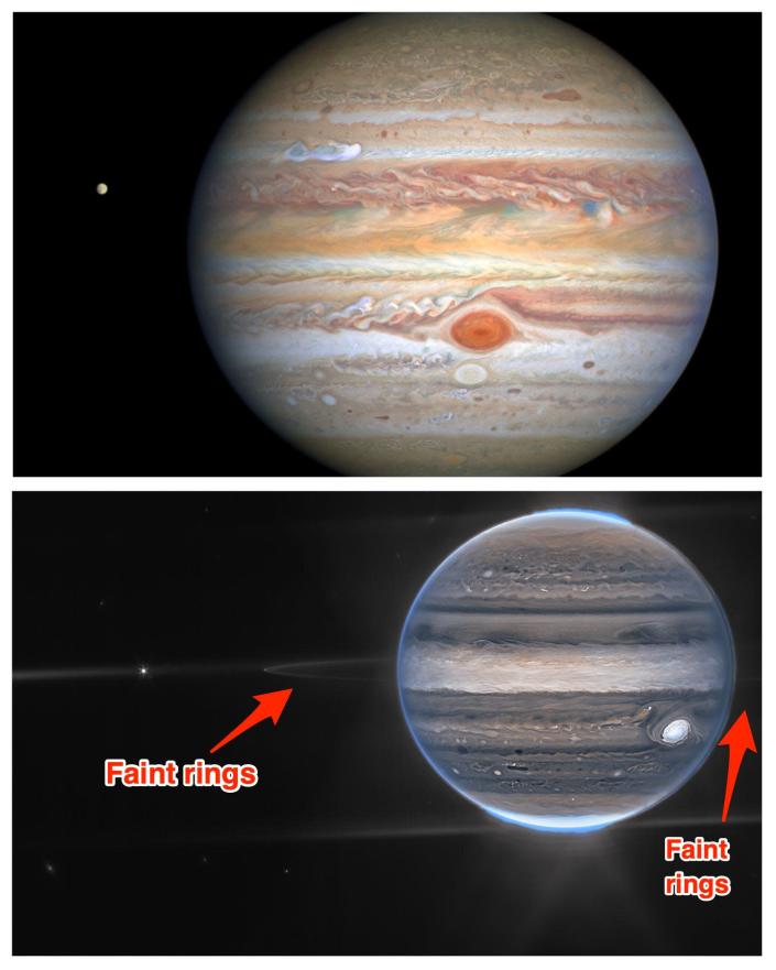 Zdjęcie Jowisza z Hubble'a (powyżej) Zdjęcie JWST z JWST (poniżej)