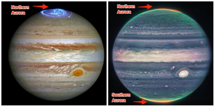 Zdjęcie Jowisza z Hubble'a (po lewej) Zdjęcie JWST JWST (po prawej)