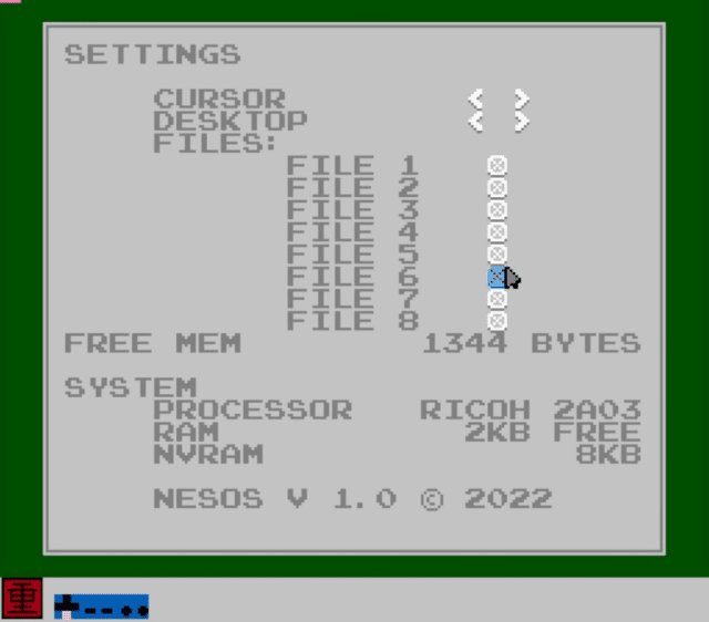 Aplikacja Ustawienia w NESOS, która działa również jako menedżer plików.  Możesz wybrać niestandardowe kolory i wskaźnik, w tym Kirby.