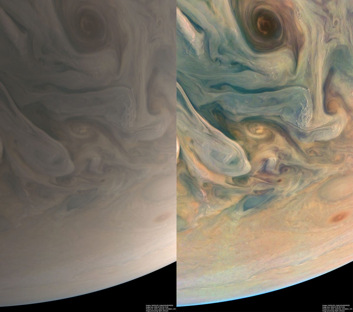 Po lewej stronie znajduje się miękka beżowa wersja Jowisza.  Po prawej to ten sam obraz, z wyjątkiem odcieni niebieskiego, pomarańczowego i żółtego.