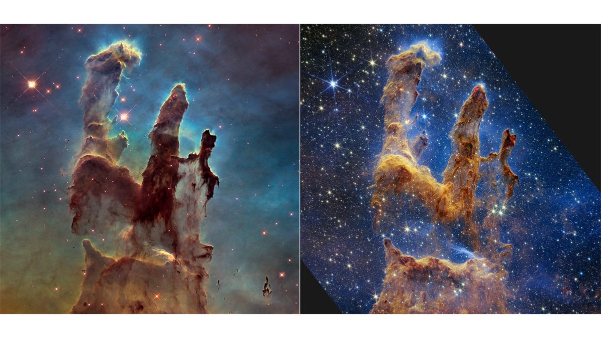 Filary Stworzenia widziane przez Teleskop Hubble'a (po lewej) i Teleskop Webba (po prawej)