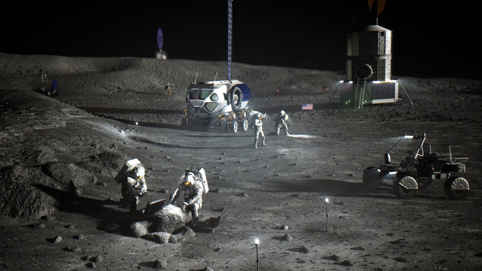 Artystyczne przedstawienie astronautów NASA na południowym biegunie Księżyca wykonujących wczesne prace nad założeniem Artemis Base Camp.