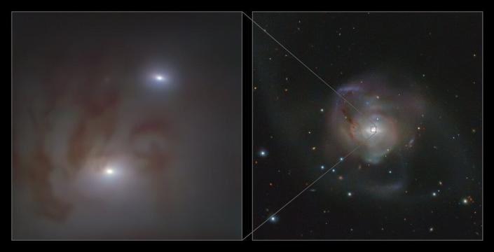 To zdjęcie pokazuje bliskie (po lewej) i szerokie (po prawej) widoki jąder dwóch jasnych galaktyk, z których każda zawiera supermasywną czarną dziurę, w NGC 7727, galaktyce znajdującej się 89 milionów lat świetlnych od Ziemi w gwiazdozbiorze Wodnika.