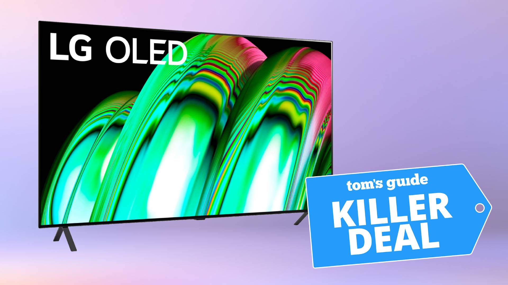 Obraz telewizora LG A2 OLED 4K na fioletowym tle