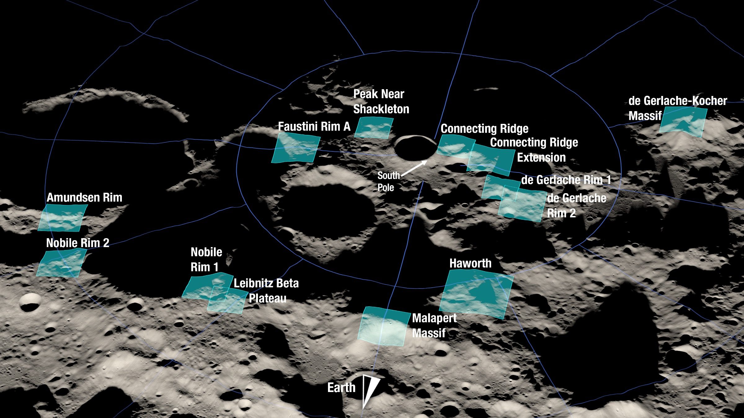 Pokazano tutaj widok 13 stref lądowania kandydujących do misji NASA Artemis 3. Każdy obszar ma wymiary około 9,3 na 9,3 mil (15 na 15 km).  Miejsce lądowania to lokalizacja w tych obszarach o przybliżonym promieniu 328 stóp (100 metrów).