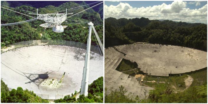 Obrazy znajdujące się obok siebie Obserwatorium Arecibo, przed i po jego zawaleniu, pokazują ogromne zniszczenia, które zakończyły erę badań kosmicznych.