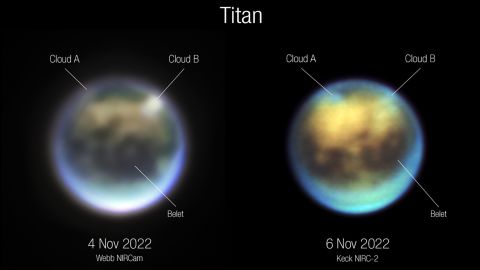 Astronomowie porównali obrazy Tytana wykonane przez Webba (po lewej) i Kecka, aby zobaczyć, jak ewoluowały chmury.  Chmura A wydaje się obracać, podczas gdy chmura B wydaje się rozpraszać.