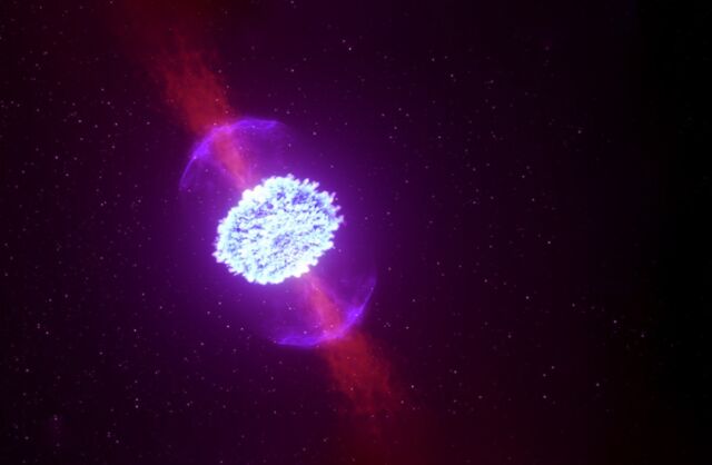 Kiedy gwiazdy neutronowe łączą się, mogą wytwarzać promieniotwórcze wyrzuty, które zasilają sygnał kilonowej.  Niedawno zaobserwowany rozbłysk gamma okazał się wskazywać na niewykryte wcześniej zdarzenie hybrydowe z udziałem kilonowej.
